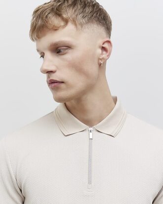 Beige slim fit-polotröja med struktur