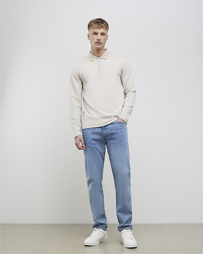 Beige slim fit-polotröja med struktur