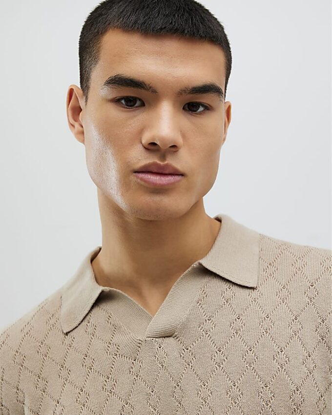 Beige slim fit-skjorta med öppen krage