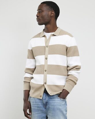Beige slim fit stickad randig kofta