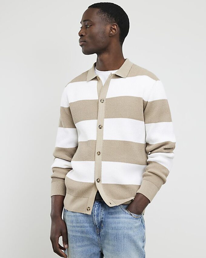 Beige slim fit stickad randig kofta