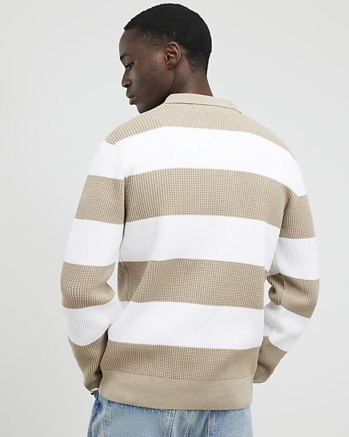 Beige slim fit stickad randig kofta