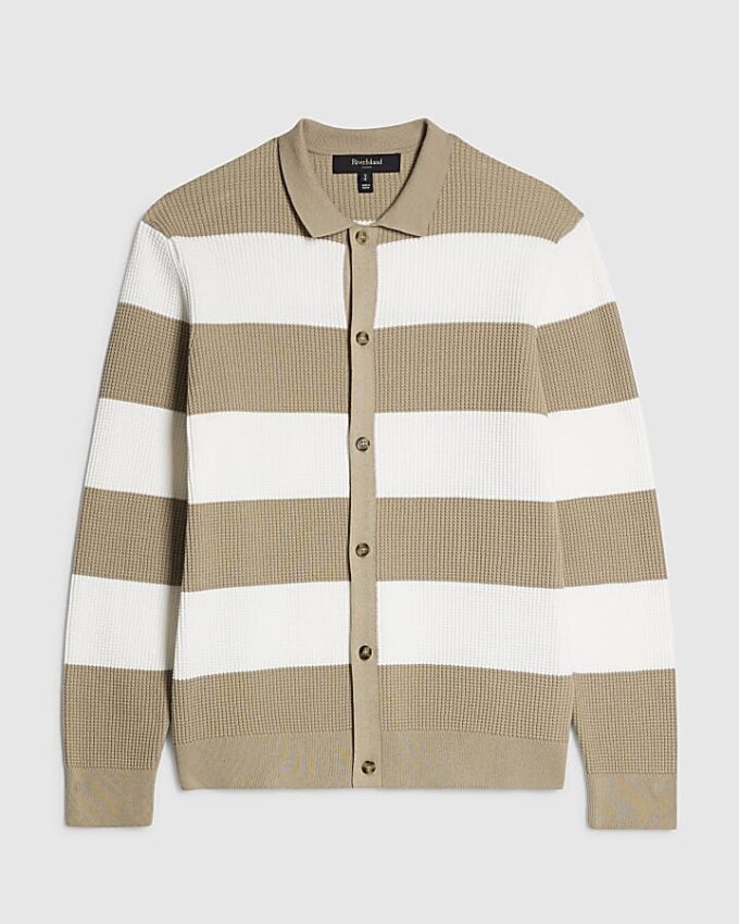 Beige slim fit stickad randig kofta