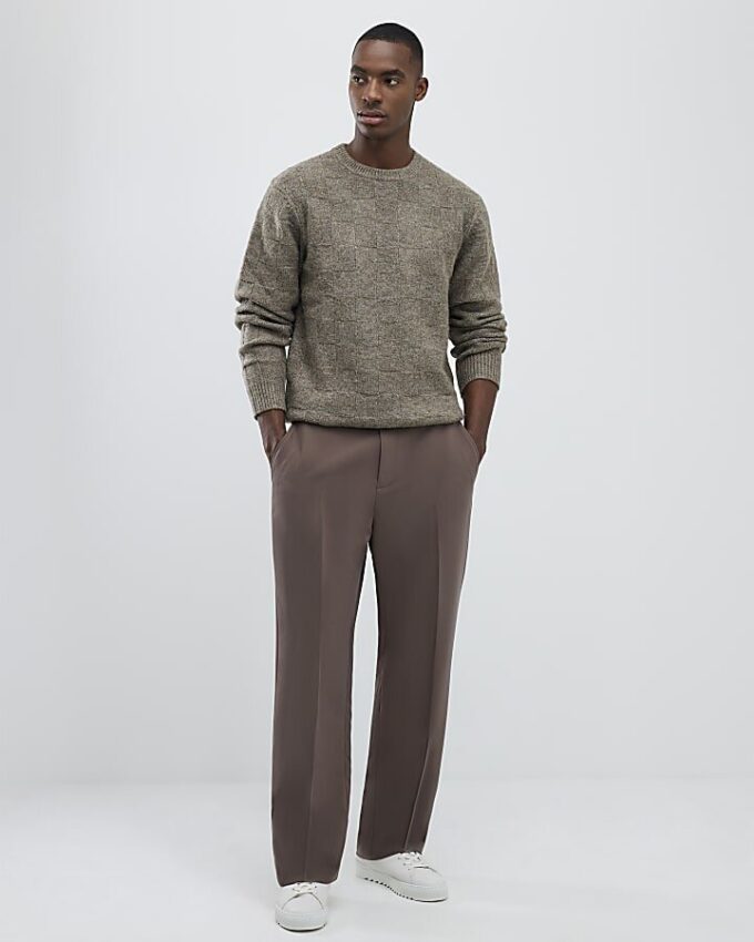 Beige slim fit stickad rutig tröja