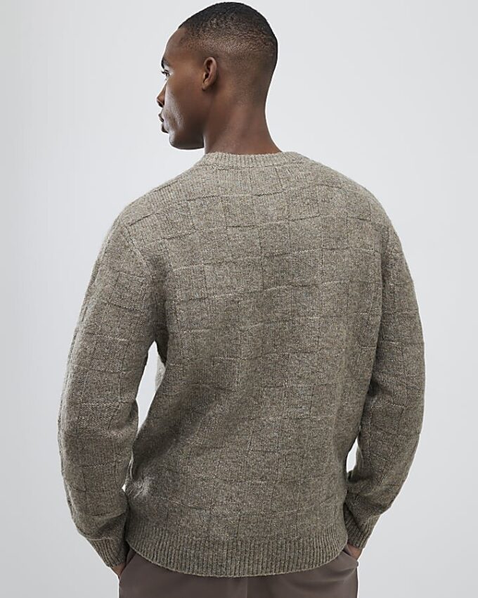 Beige slim fit stickad rutig tröja