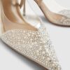 Beige spetsiga pumps med klack i plexiglas