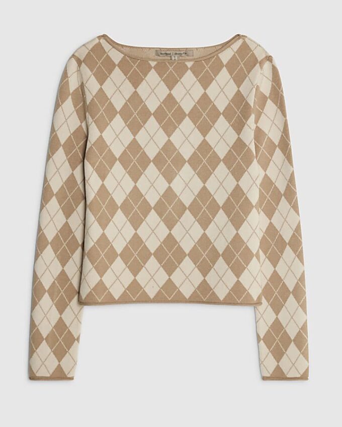 Beige stickad långärmad tröja med argylemönster