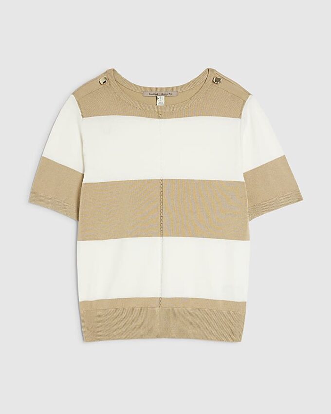 Beige stickad randig kortärmad topp