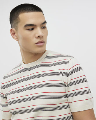 Beige stickad randig T-shirt
