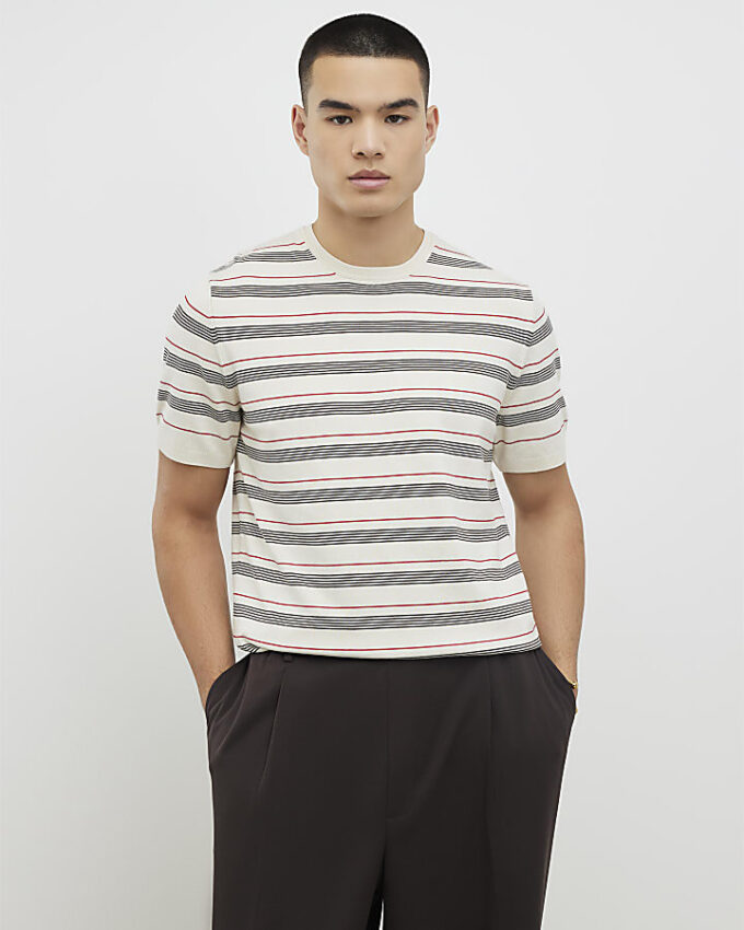 Beige stickad randig T-shirt