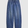 Blå baggy jeans med vida ben och knytmidja