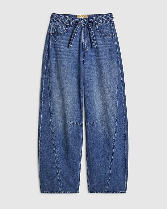 Blå baggy jeans med vida ben och knytmidja