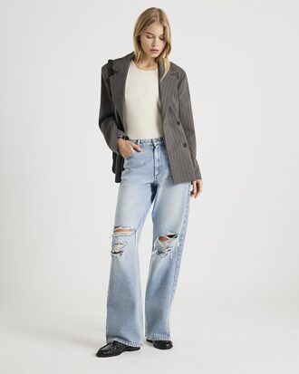 Blå högmidjade Relaxed Straight Ripped Jeans