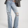 Blå högmidjade Relaxed Straight Ripped Jeans