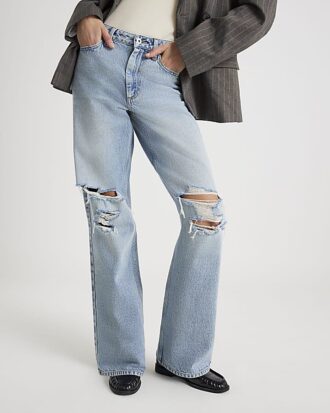 Blå högmidjade Relaxed Straight Ripped Jeans