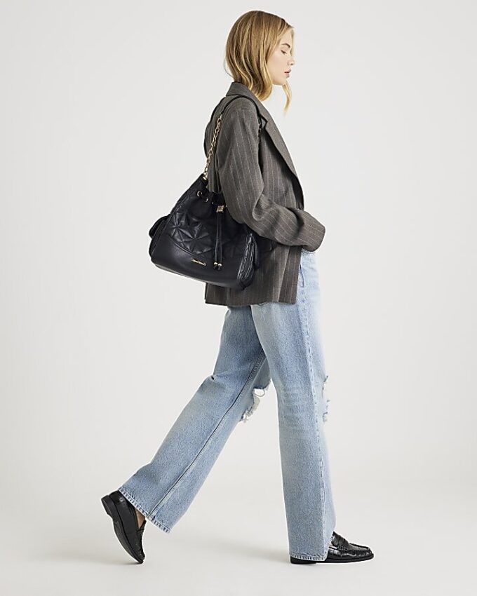 Blå högmidjade Relaxed Straight Ripped Jeans