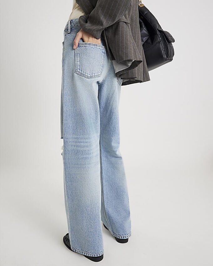 Blå högmidjade Relaxed Straight Ripped Jeans