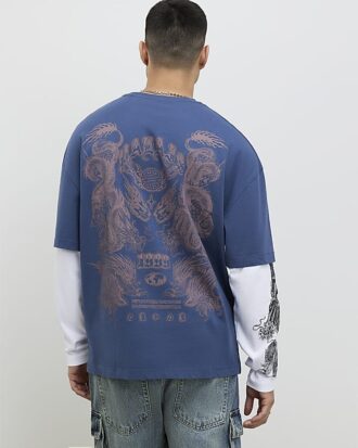 Blå japansk dubbla lager T-shirt