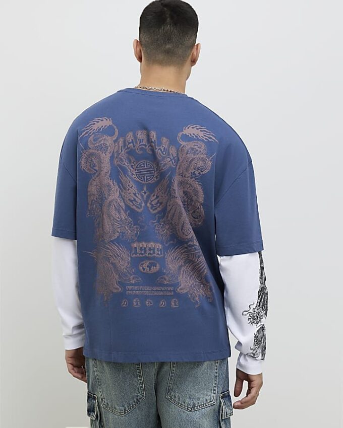 Blå japansk dubbla lager T-shirt