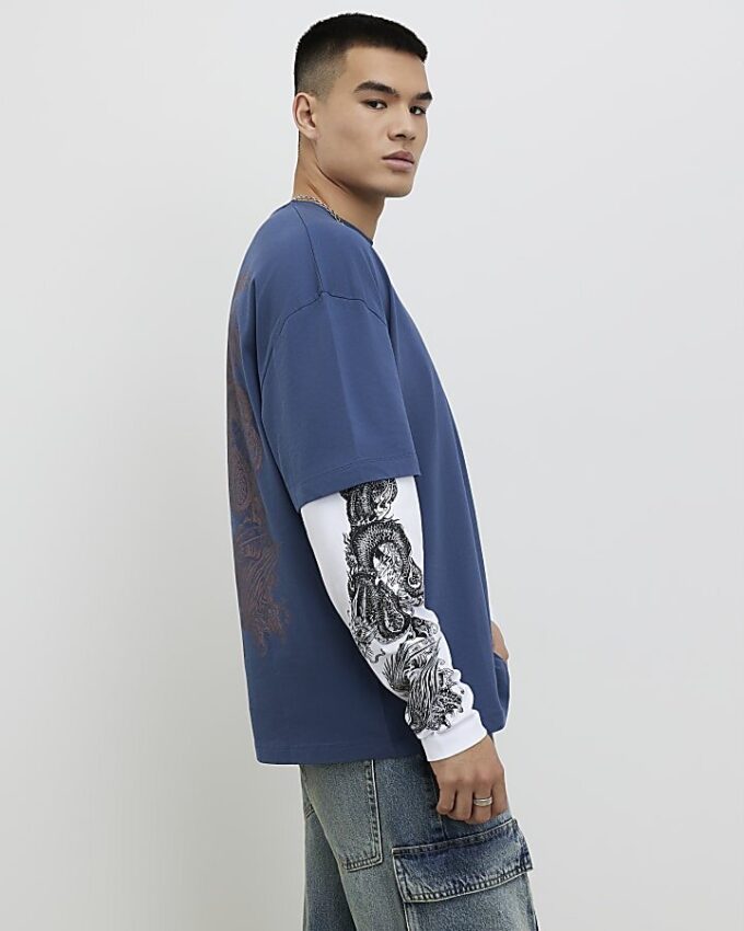 Blå japansk dubbla lager T-shirt