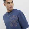 Blå japansk dubbla lager T-shirt