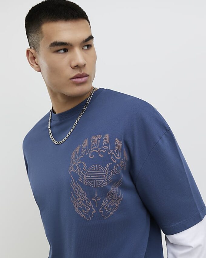 Blå japansk dubbla lager T-shirt