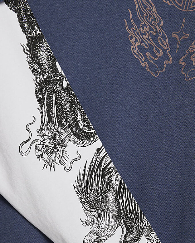 Blå japansk dubbla lager T-shirt
