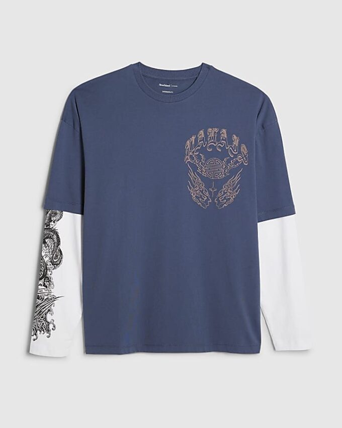 Blå japansk dubbla lager T-shirt