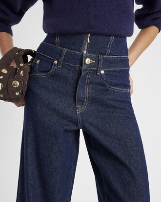 Blå jeans med dubbel midja och vida ben