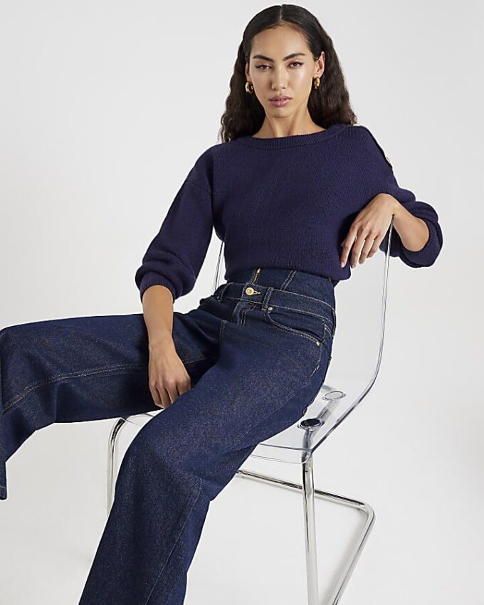 Blå jeans med dubbel midja och vida ben