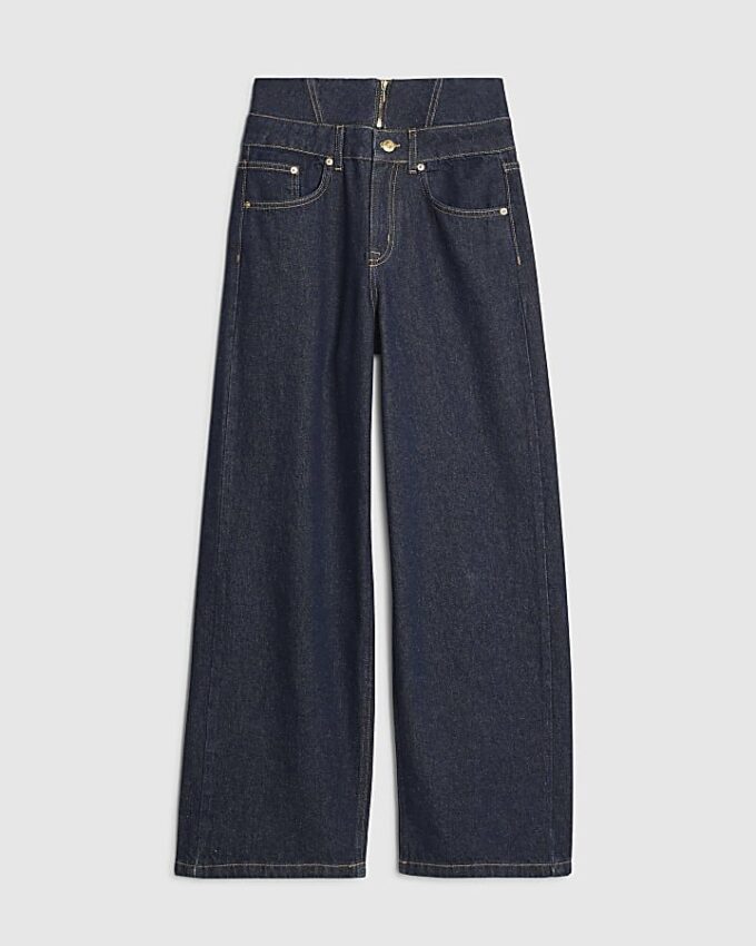 Blå jeans med dubbel midja och vida ben