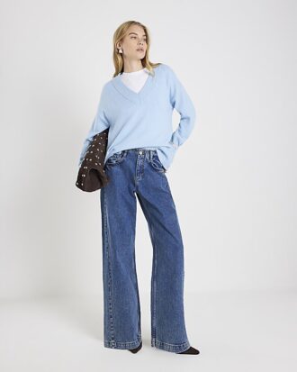 Blå jeans med hög midja, sömmar och vida ben