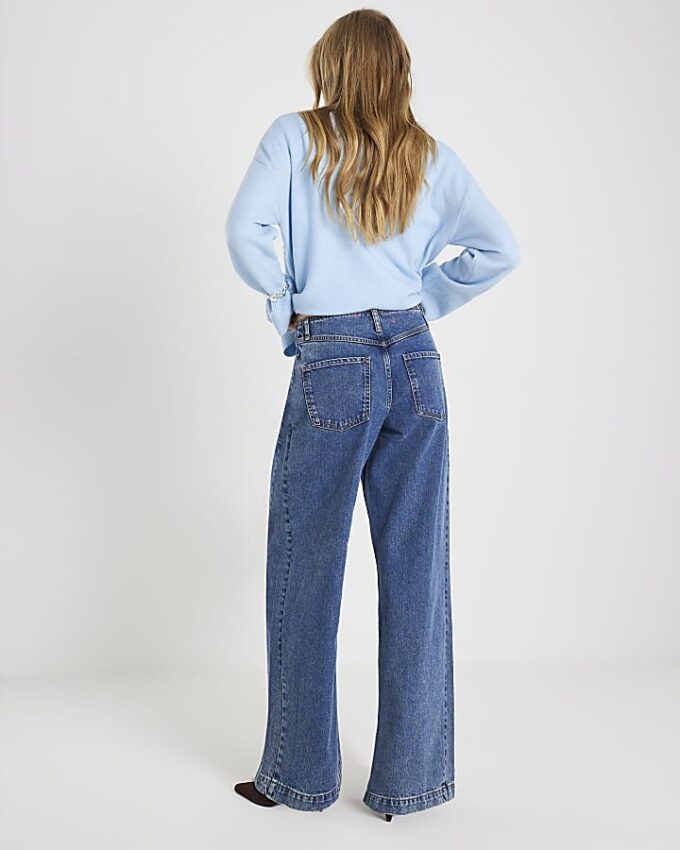 Blå jeans med hög midja, sömmar och vida ben