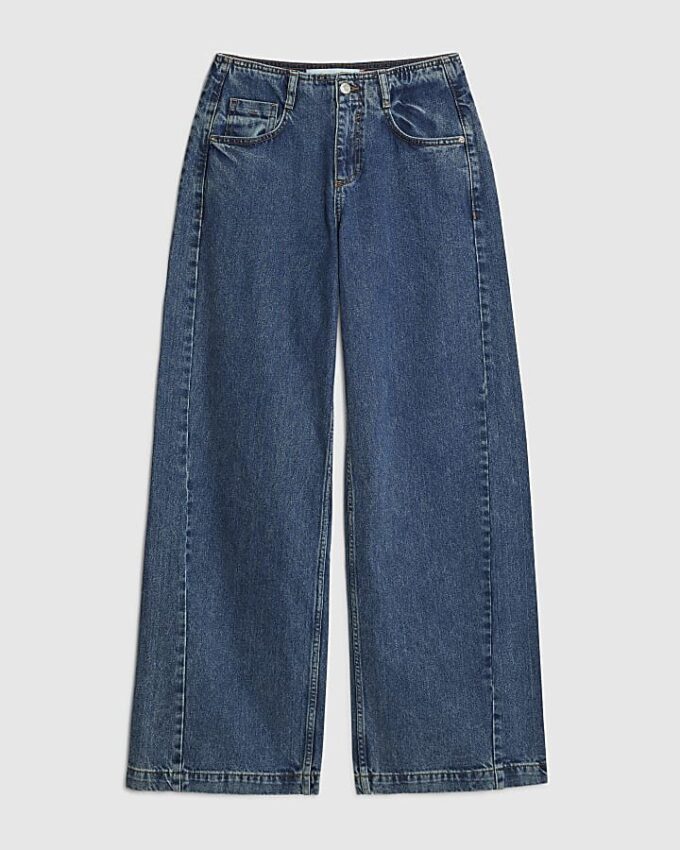 Blå jeans med hög midja, sömmar och vida ben
