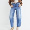Blå jeans med sömmar och barellben Blå jeans med sömmar och barellben
