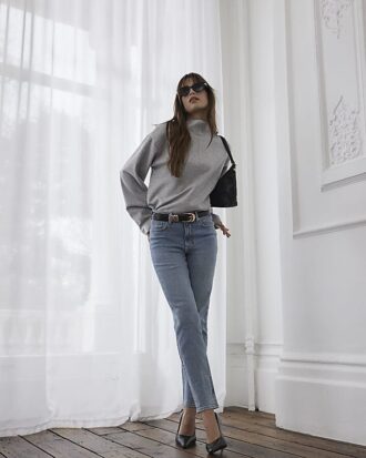Blå klassiska högmidjade slim fit-jeans Blå klassiska högmidjade slim fit-jeans