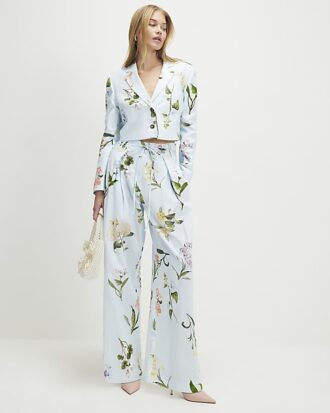 Blå kort kavaj i linneblandning med blommönster