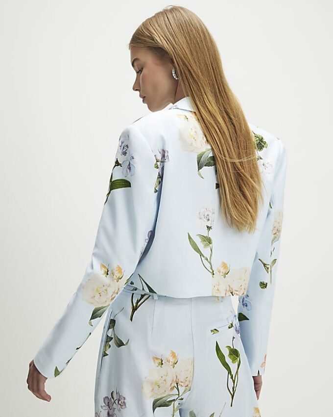 Blå kort kavaj i linneblandning med blommönster