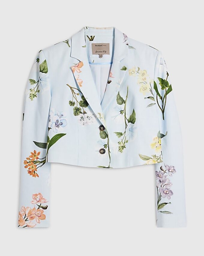Blå kort kavaj i linneblandning med blommönster