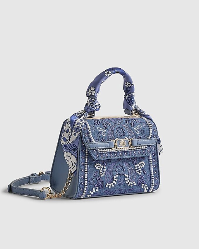Blå mini-broderad crossbody-väska