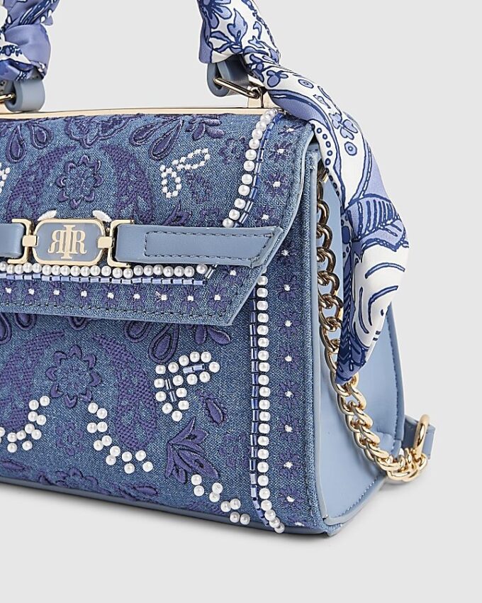 Blå mini-broderad crossbody-väska