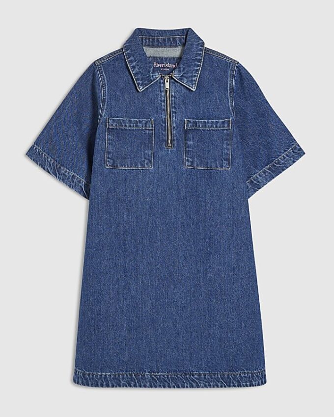 Blå miniklänning i denim med dragkedja fram