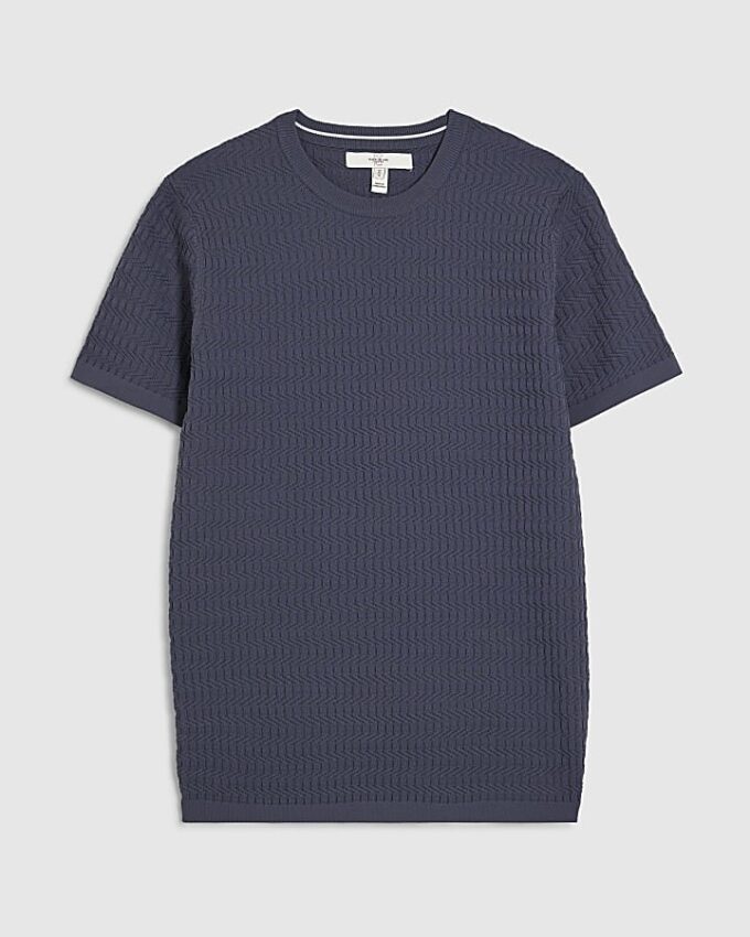 Blå muskelpassad texturerad stickad T-shirt