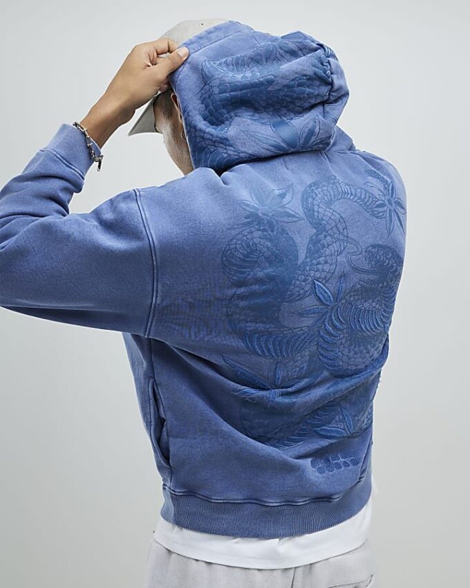 Blå oversized hoodie med japansk orm
