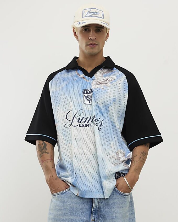 Blå oversized mesh-polotröja