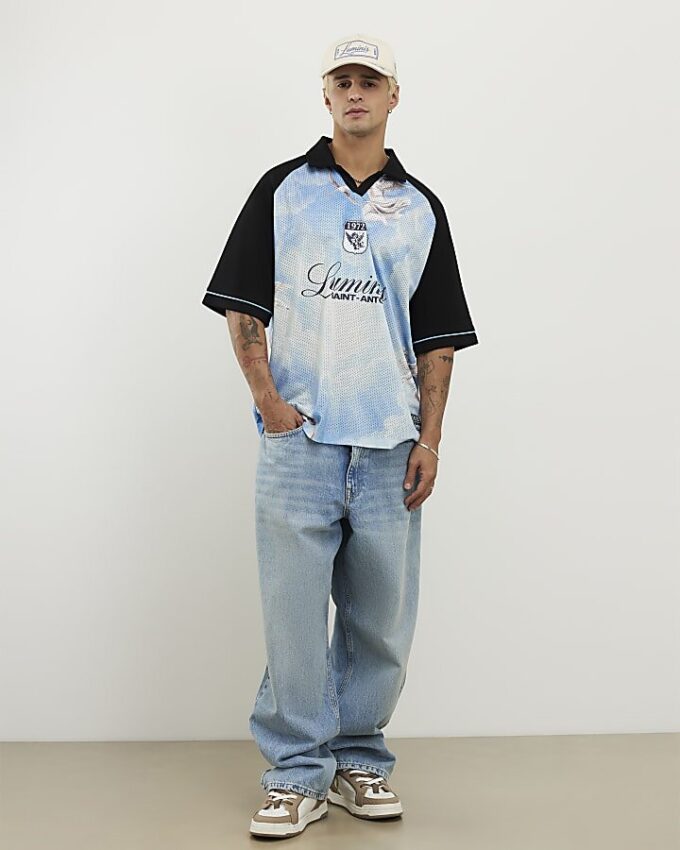 Blå oversized mesh-polotröja