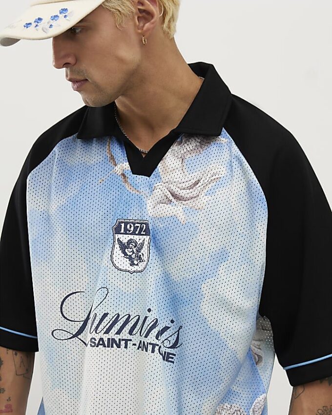 Blå oversized mesh-polotröja