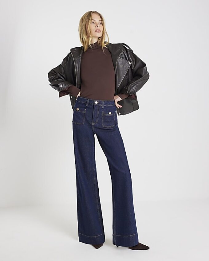 Blå Palazzo-jeans med hög midja och framfickor Blå Palazzo-jeans med hög midja och framfickor
