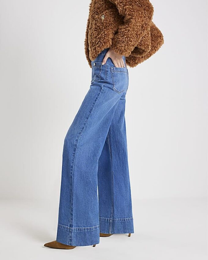 Blå Palazzo-jeans med hög midja och framfickor Blå Palazzo-jeans med hög midja och framfickor