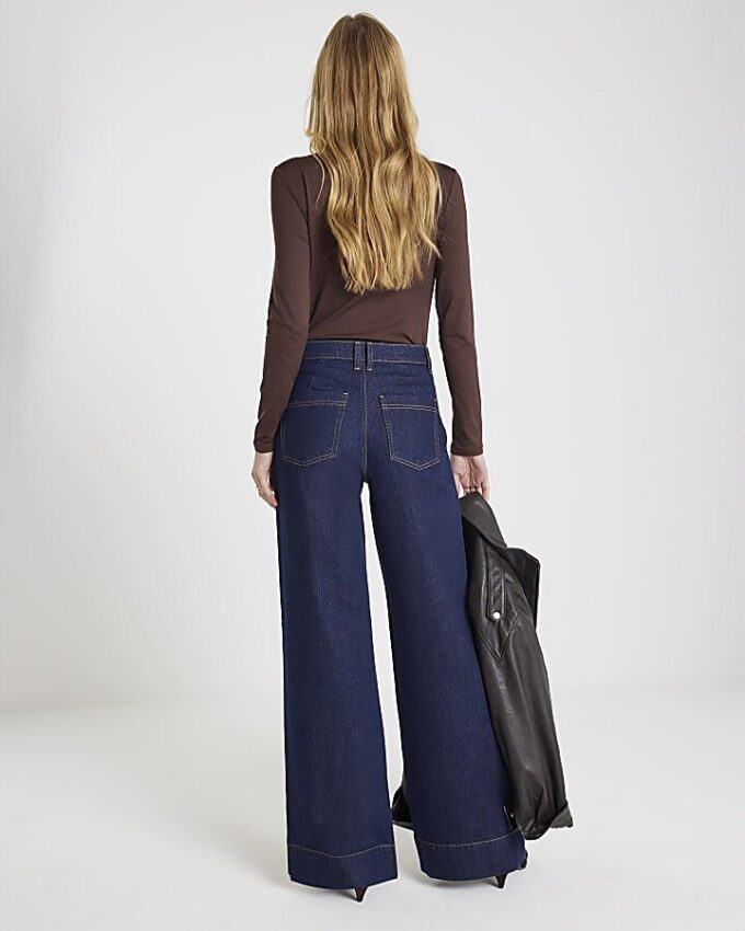 Blå Palazzo-jeans med hög midja och framfickor Blå Palazzo-jeans med hög midja och framfickor